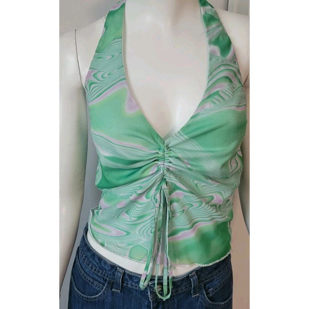 Beige Botany Halter Top Green/Pink Swirl Womans Sz. L Beach Summer Crop